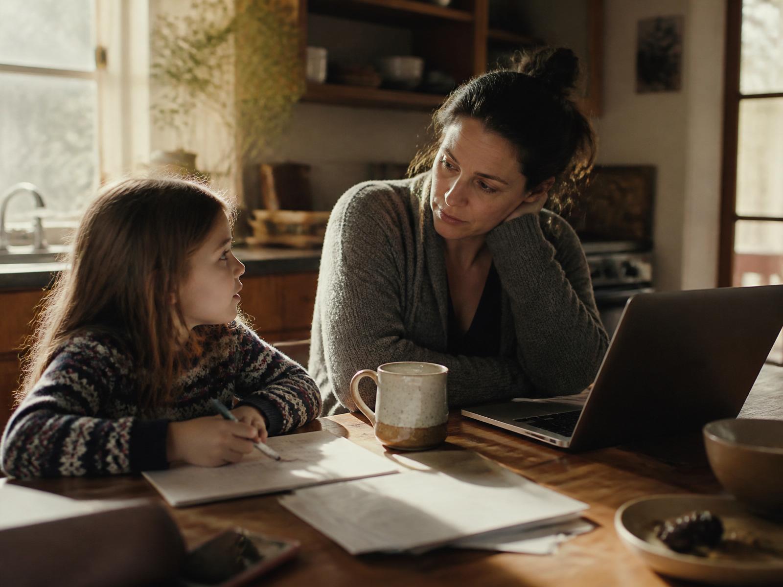 A mother and her young daughter at a kitchen table in morning light, papers and a laptop between them.