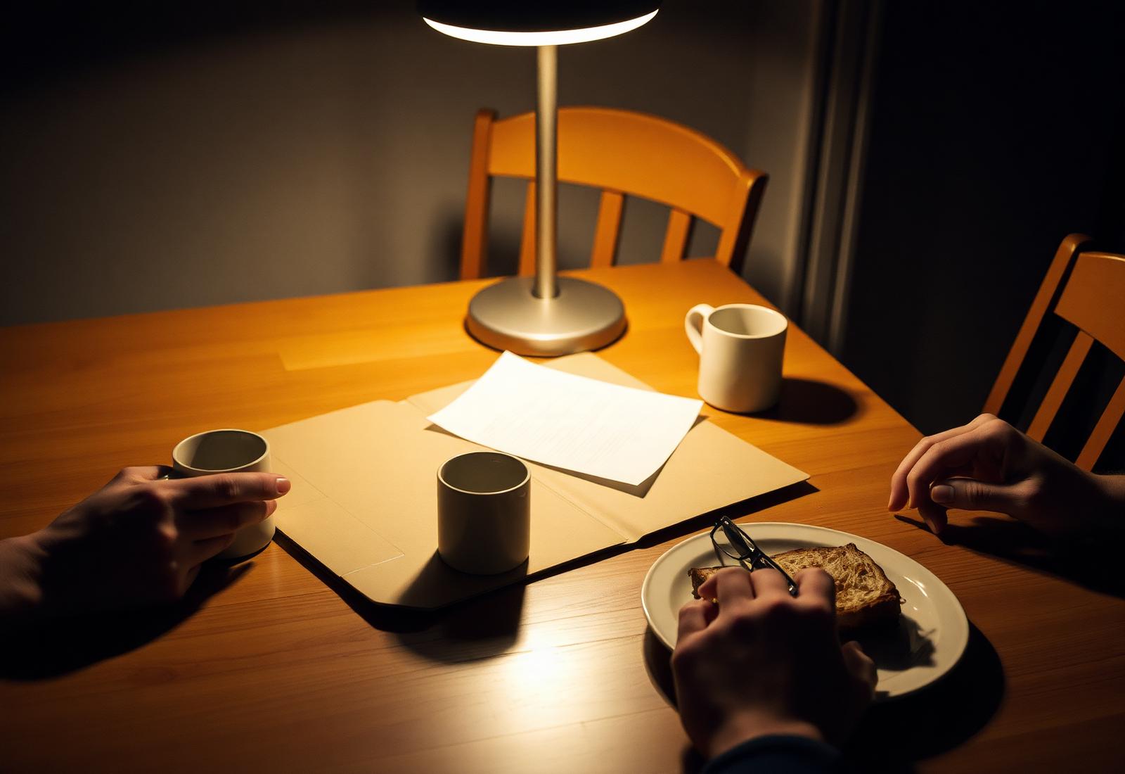 A quiet kitchen table at dusk — an open folder, two coffee mugs, a pair of hands.