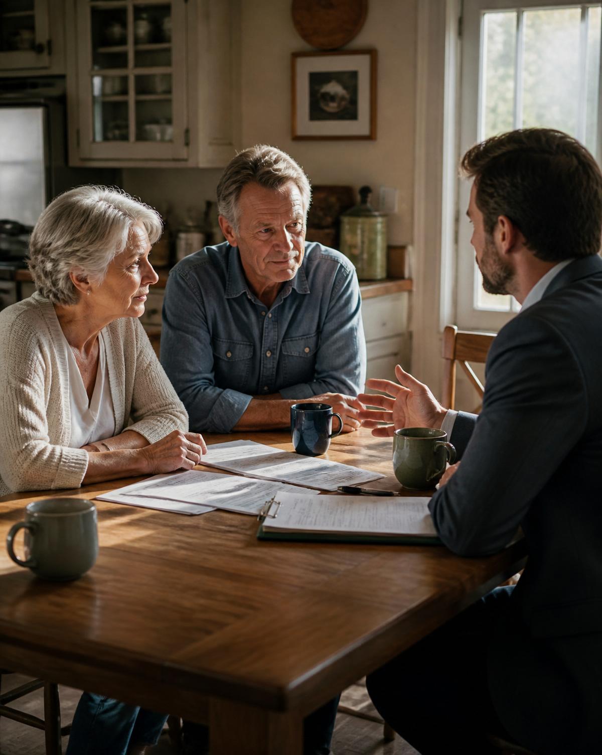 An older couple sitting across from a broker at their kitchen table, papers and coffee mugs between them.